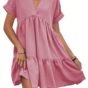 WDIRARA Women's Roll Up Short Sleeve V Neck Ruffle Hem Solid Swing Smock Dress Watermelon Pink M