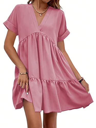 WDIRARA Women's Roll Up Short Sleeve V Neck Ruffle Hem Solid Swing Smock Dress Watermelon Pink M