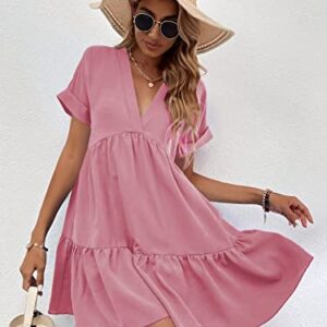 WDIRARA Women's Roll Up Short Sleeve V Neck Ruffle Hem Solid Swing Smock Dress Watermelon Pink M