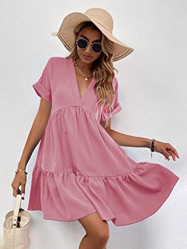 WDIRARA Women's Roll Up Short Sleeve V Neck Ruffle Hem Solid Swing Smock Dress Watermelon Pink M