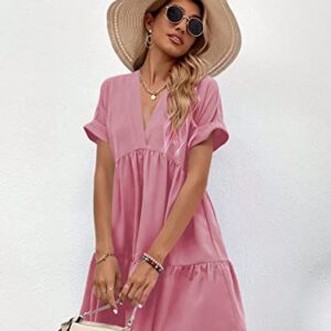 WDIRARA Women's Roll Up Short Sleeve V Neck Ruffle Hem Solid Swing Smock Dress Watermelon Pink M