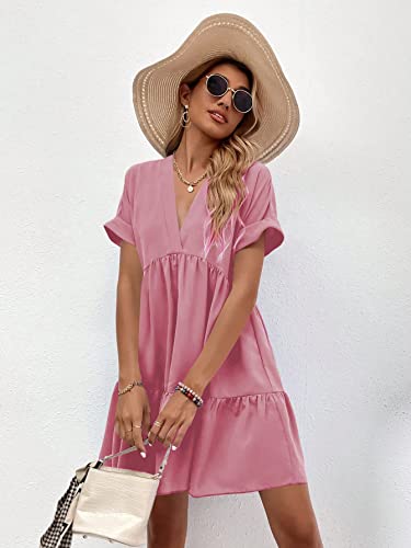 WDIRARA Women's Roll Up Short Sleeve V Neck Ruffle Hem Solid Swing Smock Dress Watermelon Pink M