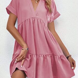 WDIRARA Women's Roll Up Short Sleeve V Neck Ruffle Hem Solid Swing Smock Dress Watermelon Pink M