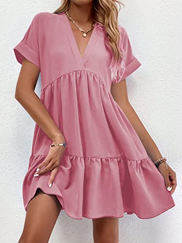 WDIRARA Women's Roll Up Short Sleeve V Neck Ruffle Hem Solid Swing Smock Dress Watermelon Pink M