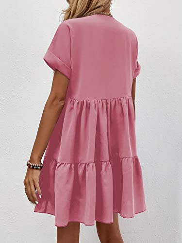 WDIRARA Women's Roll Up Short Sleeve V Neck Ruffle Hem Solid Swing Smock Dress Watermelon Pink M