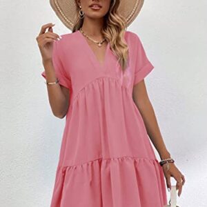 WDIRARA Women's Roll Up Short Sleeve V Neck Ruffle Hem Solid Swing Smock Dress Watermelon Pink M