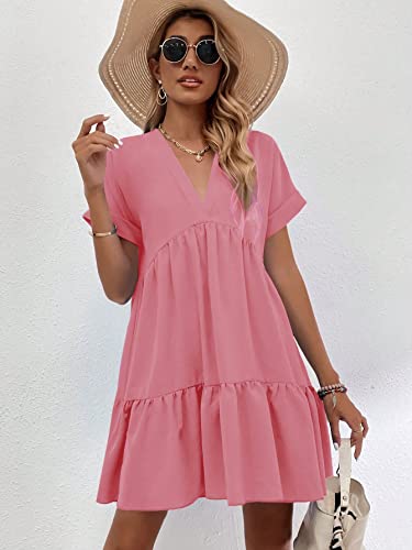 WDIRARA Women's Roll Up Short Sleeve V Neck Ruffle Hem Solid Swing Smock Dress Watermelon Pink M