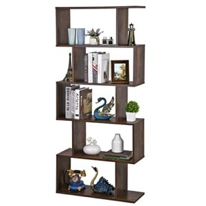 zeny geometric bookcase, 5-tier bookshelf, s-shaped display shelf and room divider, freestanding decorative storage shelving for home office, rustic brown