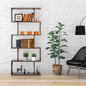 ZENY Geometric Bookcase, 5-Tier Bookshelf, S-Shaped Display Shelf and Room Divider, Freestanding Decorative Storage Shelving for Home Office, Rustic Brown