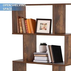 ZENY Geometric Bookcase, 5-Tier Bookshelf, S-Shaped Display Shelf and Room Divider, Freestanding Decorative Storage Shelving for Home Office, Rustic Brown