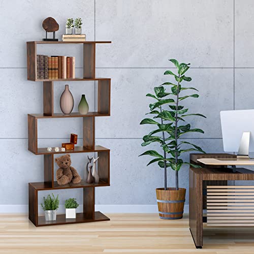 ZENY Geometric Bookcase, 5-Tier Bookshelf, S-Shaped Display Shelf and Room Divider, Freestanding Decorative Storage Shelving for Home Office, Rustic Brown