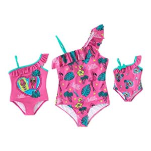 l.o.l. surprise! mommy and me swimsuit allover print one shoulder ruffled family matching one piece swimsuit rediance baby girl 6-9 months dark pink