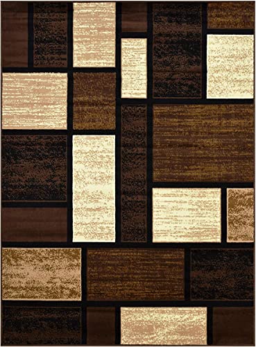 Champion Rugs Brown Contemporary Modern Blocks Boxes Design Soft Indoor Area Rug (8’ X 10’)