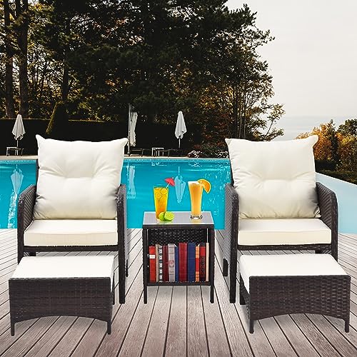 Koruiten 5 Pieces Wicker Patio Furniture Sets, PE Rattan Outdoor Table and Chairs Conversation Set, Outside Furniture with Cushions and Ottomans for Balcony Porch Lawn Garden (White)