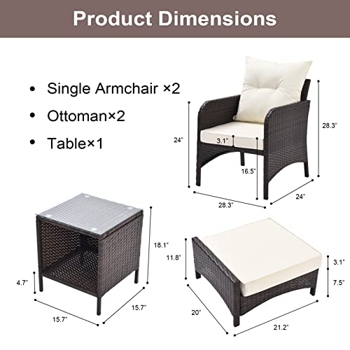 Koruiten 5 Pieces Wicker Patio Furniture Sets, PE Rattan Outdoor Table and Chairs Conversation Set, Outside Furniture with Cushions and Ottomans for Balcony Porch Lawn Garden (White)