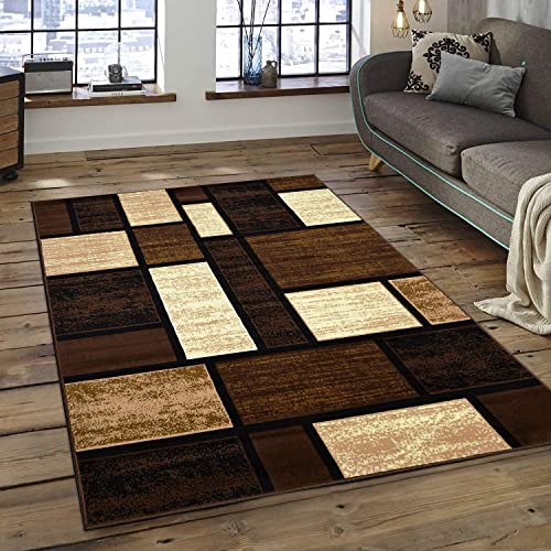 Champion Rugs Modern Contemporary Boxes Blocks Design Soft Indoor Brown Area Rug (8’ X 10’)