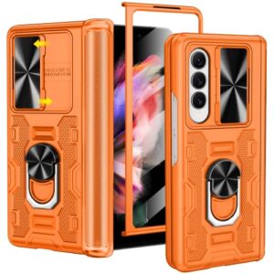 vego for samsung galaxy z fold 3 case with stand, slide camera cover & screen protector & 360°ring magnetic kickstand military grade heavy duty protective case for galaxy z fold 3- orange