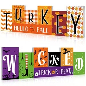 purpeak reversible fall wooden table sign double side halloween and thanksgiving tabletop sign decor wicked and turkey wood block fall tiered tray decor for the home shelf party decor