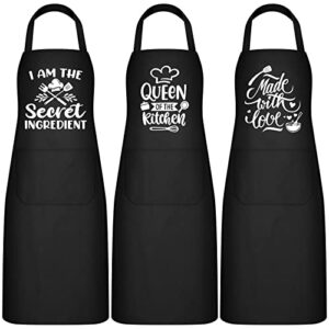 jeyiour set of 3 women kitchen aprons with funny quotes black pocket apron with adjustable waist tie cute aprons for cooking baking