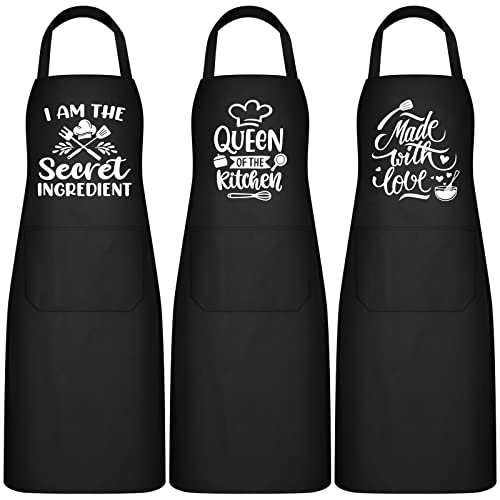 Jeyiour Set of 3 Women Kitchen Aprons with Funny Quotes Black Pocket Apron with Adjustable Waist Tie Cute Aprons for Cooking Baking