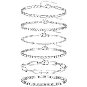 adoyi dainty sterling silver chain bracelets set for women girls white gold plated layered link chain bangle bracelets pack for women adjustable stackable beaded bracelets jewelry gifts