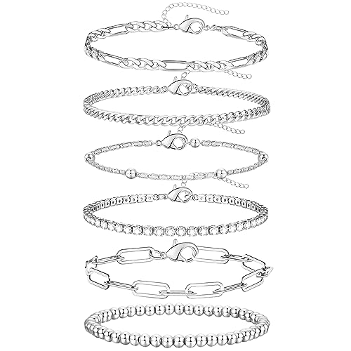 adoyi Dainty Sterling Silver Chain Bracelets Set for Women Girls White Gold Plated Layered Link Chain Bangle Bracelets Pack for Women Adjustable Stackable beaded Bracelets Jewelry Gifts