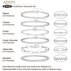 adoyi Dainty Sterling Silver Chain Bracelets Set for Women Girls White Gold Plated Layered Link Chain Bangle Bracelets Pack for Women Adjustable Stackable beaded Bracelets Jewelry Gifts