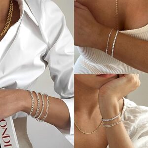 adoyi Dainty Sterling Silver Chain Bracelets Set for Women Girls White Gold Plated Layered Link Chain Bangle Bracelets Pack for Women Adjustable Stackable beaded Bracelets Jewelry Gifts