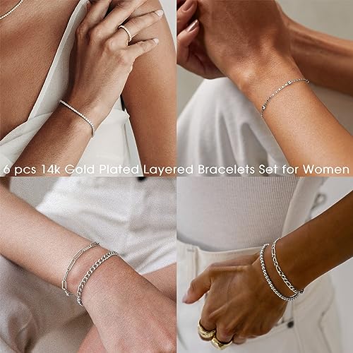 adoyi Dainty Sterling Silver Chain Bracelets Set for Women Girls White Gold Plated Layered Link Chain Bangle Bracelets Pack for Women Adjustable Stackable beaded Bracelets Jewelry Gifts