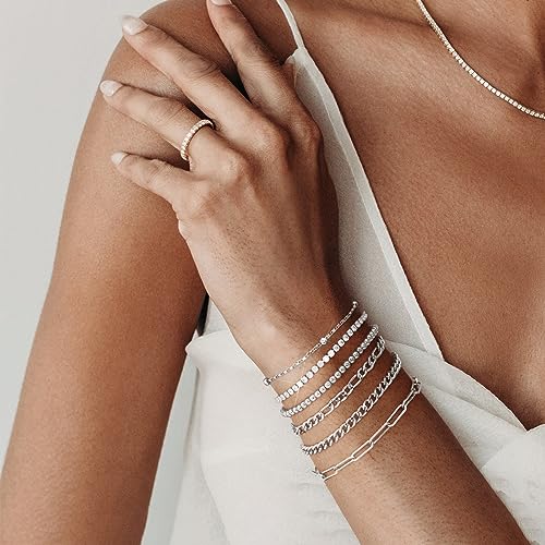 adoyi Dainty Sterling Silver Chain Bracelets Set for Women Girls White Gold Plated Layered Link Chain Bangle Bracelets Pack for Women Adjustable Stackable beaded Bracelets Jewelry Gifts