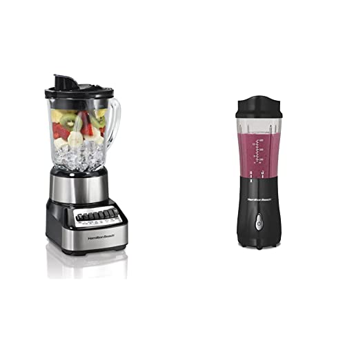 Hamilton Beach Wave Crusher Blender with 40 Oz Glass Jar and 14 Functions & Personal Blender for Shakes and Smoothies with 14 Oz Travel Cup and Lid, Black