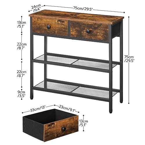 HOOBRO 29.5" Narrow Console Table with 2 Fabric Drawers, Small Entryway Table with 3-Tier Storage Shelves, Thin Sofa Table, Side Table, for Living Room, Hallway, Rustic Brown and Black BF72XG01