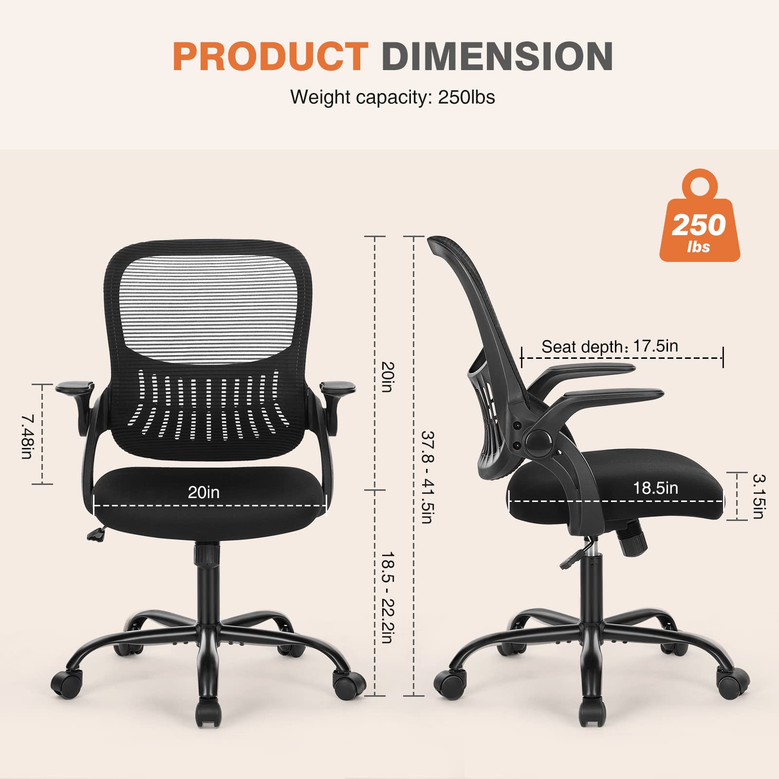 Office Chair, Desk Chair, Ergonomic Home Office Desk Chairs, Computer Chair with Flip up Armrests, Mesh Desk Chairs with Wheels, Office Desk Chair, Mid-Back Task Chair with Ergonomic Lumbar Support