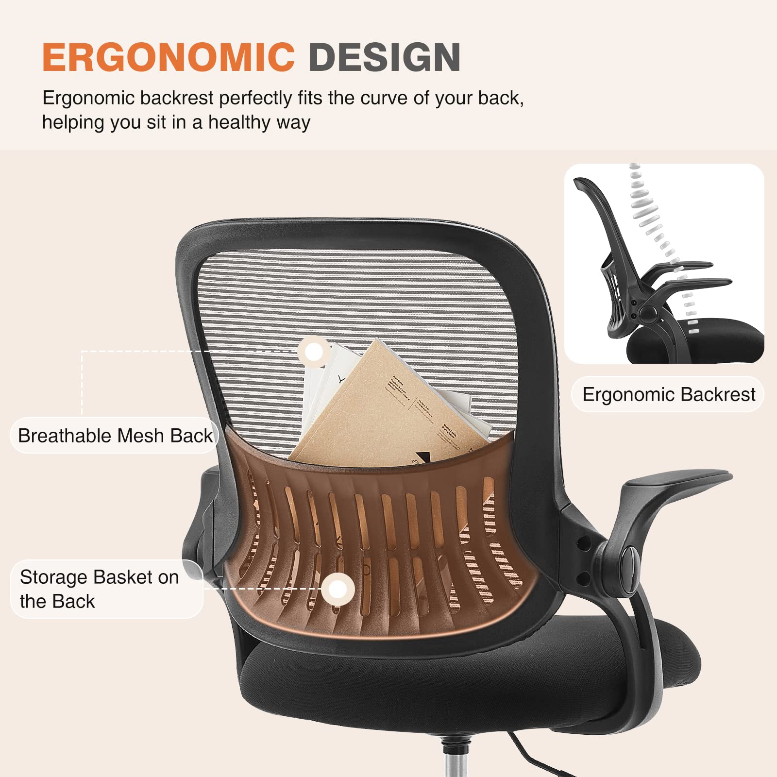 Office Chair, Desk Chair, Ergonomic Home Office Desk Chairs, Computer Chair with Flip up Armrests, Mesh Desk Chairs with Wheels, Office Desk Chair, Mid-Back Task Chair with Ergonomic Lumbar Support