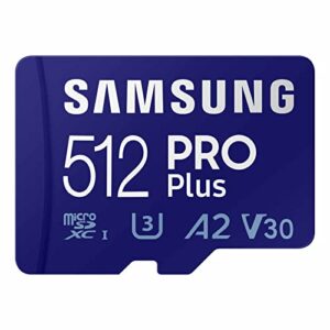 samsung pro plus microsd memory card + adapter, 512gb microsdxc, up to 180 mb/s, full hd & 4k uhd, uhs-i, c10, u3, v30, a2 for android phones, tablets, gopro, dji drone, mb-md512sa/am, 2023