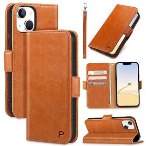 bizzib for iphone 13 case leather wallet with card holder[ rfid blocking] 360 full shockproof protection magnetic closure phone cover with card slots and wrist strap for apple iphone 13 6.1in-brown