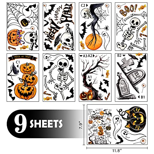 Mfault 65PCS Happy Halloween Window Clings 9 Sheets, Trick or Treat Skeleton Skull Spooky Pumpkins Stickers Decals Decorations, Boo Ghost Bat Holiday Party Supplies Living Room Home Kitchen Decor