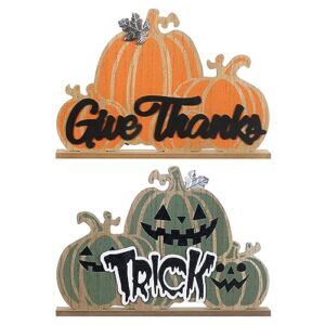 fall decorations for home, decspas 1 pc double-sided pumpkin fall decor halloween decorations indoor, orange green pumpkin ornaments give thanks trick sign thanksgiving decorations for mantel, table