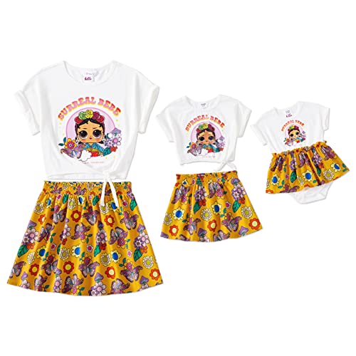 L.O.L. Surprise! Mommy and Me 2pcs Cotton Short-sleeve Knot Front Graphic Tee and Allover Print Skirt Set L