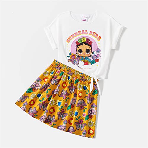 L.O.L. Surprise! Mommy and Me 2pcs Cotton Short-sleeve Knot Front Graphic Tee and Allover Print Skirt Set L