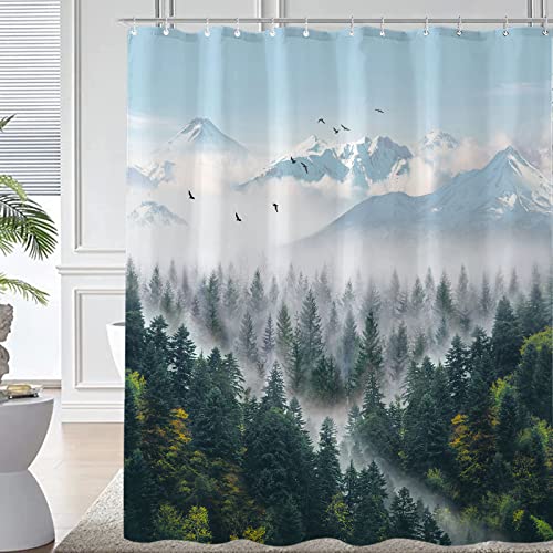 Zussun Long Green Misty Forest Shower Curtain Nature Foggy Tree Mountain Shower Curtains for Bathroom Waterproof Fabric Woodland Decorative Modern Bath Curtain Decor with Hooks (Green1, 72" x 78")