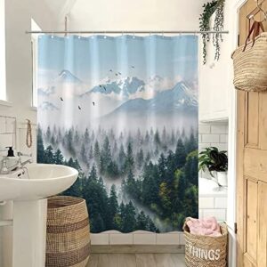 Zussun Long Green Misty Forest Shower Curtain Nature Foggy Tree Mountain Shower Curtains for Bathroom Waterproof Fabric Woodland Decorative Modern Bath Curtain Decor with Hooks (Green1, 72" x 78")