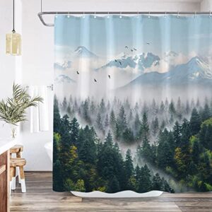 Zussun Long Green Misty Forest Shower Curtain Nature Foggy Tree Mountain Shower Curtains for Bathroom Waterproof Fabric Woodland Decorative Modern Bath Curtain Decor with Hooks (Green1, 72" x 78")