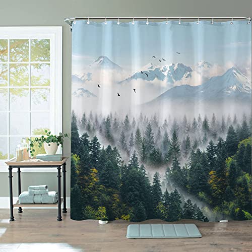 Zussun Long Green Misty Forest Shower Curtain Nature Foggy Tree Mountain Shower Curtains for Bathroom Waterproof Fabric Woodland Decorative Modern Bath Curtain Decor with Hooks (Green1, 72" x 78")