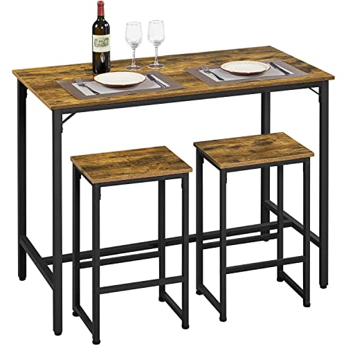 Yaheetech 3 Piece Bar Table Set, 47.5 in Industrial Dining Table Set, Counter Height Table with Bar Stools Set of 2, Kitchen Breakfast Table and Chairs for Dining Room, Living Room, Rustic Brown