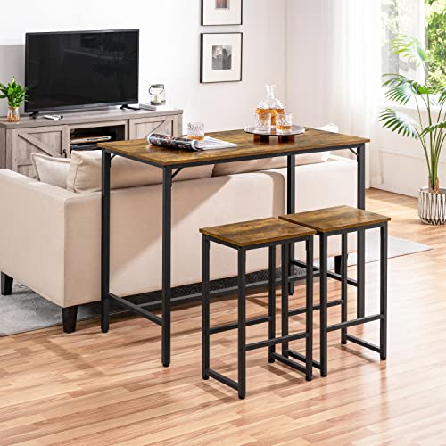 Yaheetech 3 Piece Bar Table Set, 47.5 in Industrial Dining Table Set, Counter Height Table with Bar Stools Set of 2, Kitchen Breakfast Table and Chairs for Dining Room, Living Room, Rustic Brown