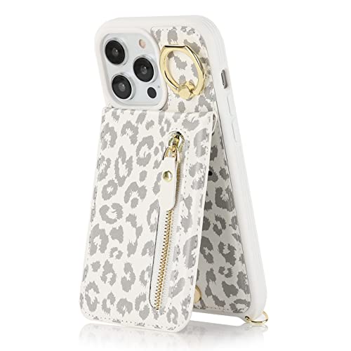 Jaorty iPhone 13 Pro Case for Women with Card Holder,iPhone 13 Pro Phone Case Wallet with Strap,Crossbody Lanyard Cases with Credit Card Slots Kickstand and Stand Case Ring Holder,6.1" White Leopard