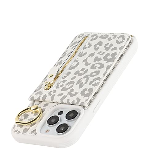 Jaorty iPhone 13 Pro Case for Women with Card Holder,iPhone 13 Pro Phone Case Wallet with Strap,Crossbody Lanyard Cases with Credit Card Slots Kickstand and Stand Case Ring Holder,6.1" White Leopard