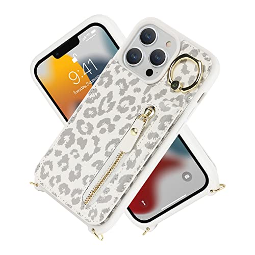 Jaorty iPhone 13 Pro Case for Women with Card Holder,iPhone 13 Pro Phone Case Wallet with Strap,Crossbody Lanyard Cases with Credit Card Slots Kickstand and Stand Case Ring Holder,6.1" White Leopard