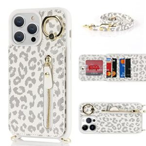 Jaorty iPhone 13 Pro Case for Women with Card Holder,iPhone 13 Pro Phone Case Wallet with Strap,Crossbody Lanyard Cases with Credit Card Slots Kickstand and Stand Case Ring Holder,6.1" White Leopard